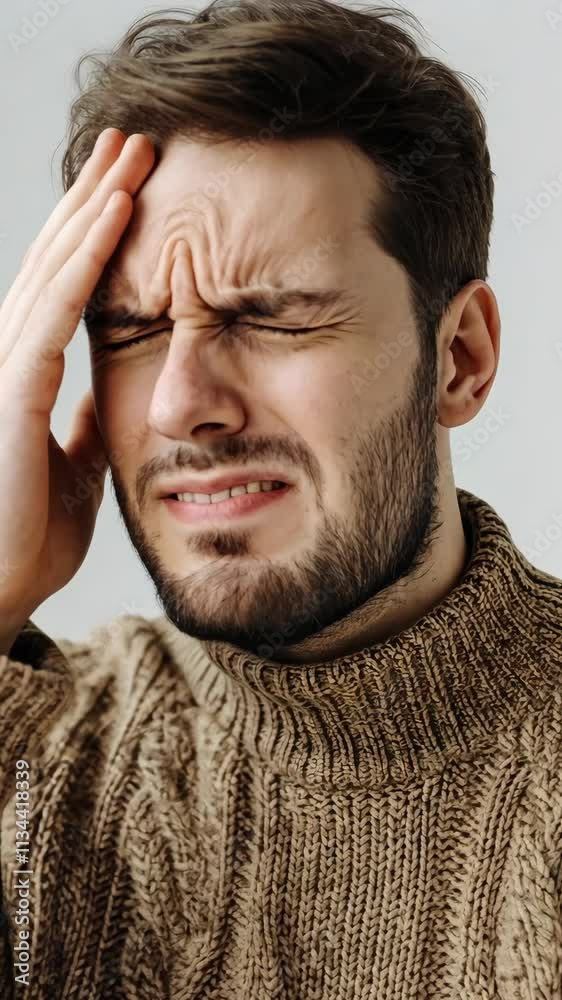 Man experiencing discomfort while holding his head in a cozy sweater in a softly lit indoor space