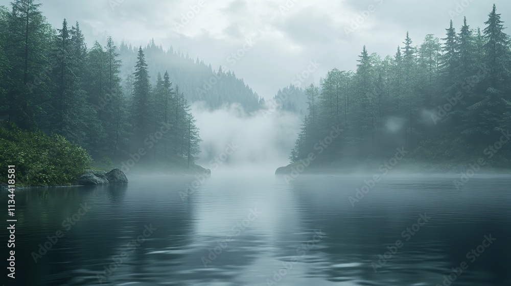 Misty morning at a tranquil lake surrounded by mountains and evergreen trees Misty morning at a tranquil lake surrounded by mountains and evergreen trees