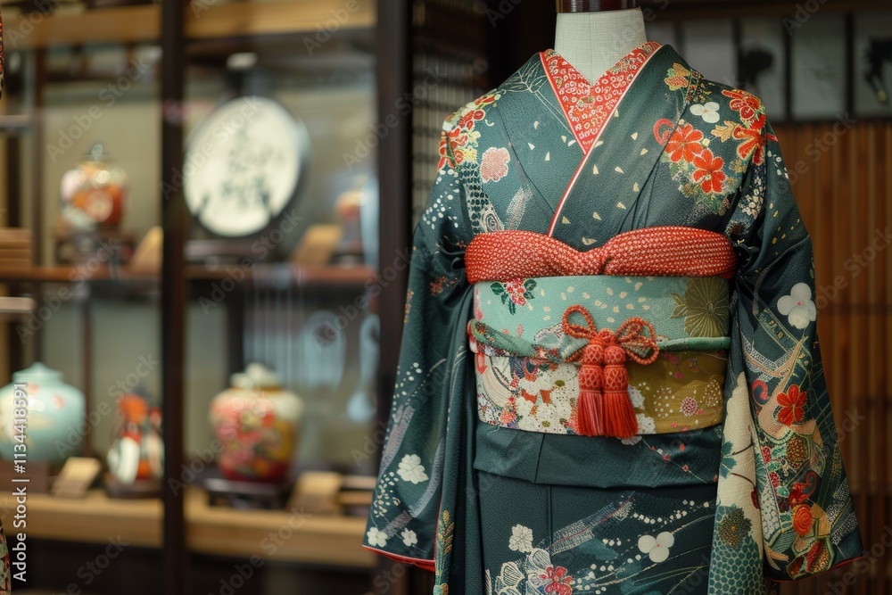Naklejka premium A kimono with a floral pattern and a red obi sash is displayed in a shop window.