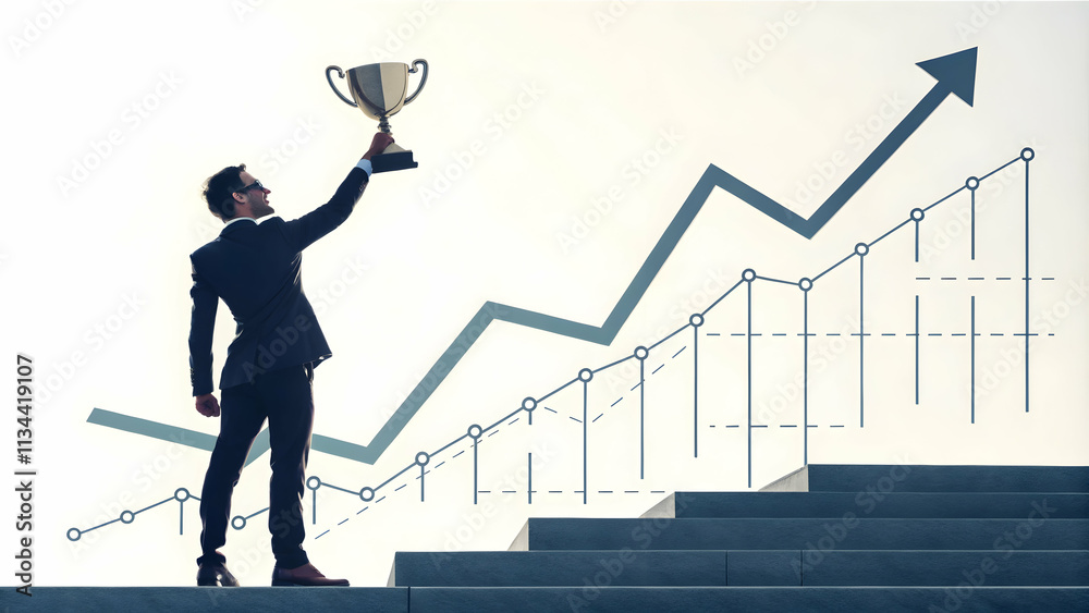 CEO Holding Trophy with Success Chart Background - Symbolizing Achievement and Financial Growth - Ample Copy Space CEO Holding Trophy with Success Chart Background - Symbolizing Achievement and Financial Growth - Ample Copy Space