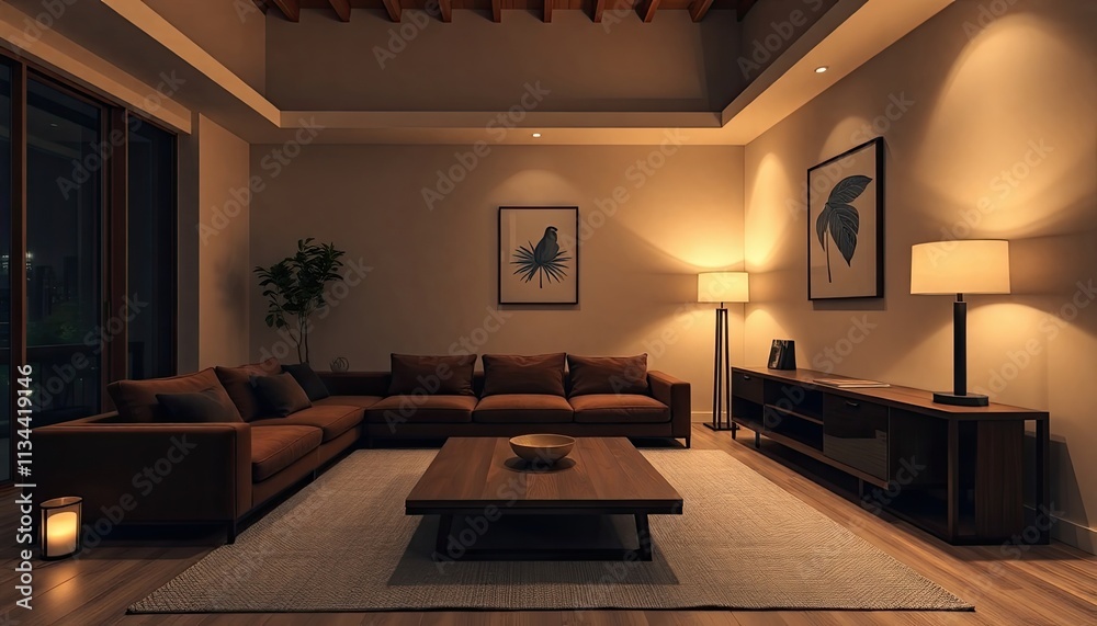 A modern living room with a large brown sectional sofa, a wooden coffee table, and two floor lamps providing warm lighting. The room features large windows, a wooden ceiling, and artwork on the walls. A modern living room with a large brown sectional sofa, a wooden coffee table, and two floor lamps providing warm lighting. The room features large windows, a wooden ceiling, and artwork on the walls.