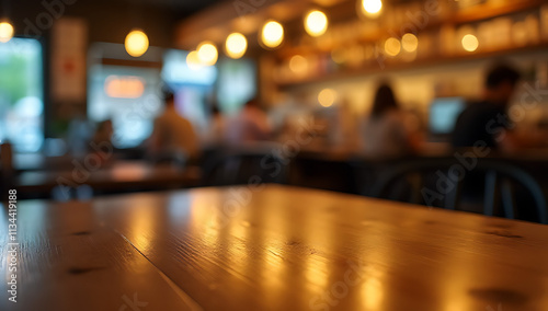 Wallpaper Mural A wooden tabletop in a blur of a busy café is softly illuminated by warm golden lighting._00001_ Torontodigital.ca