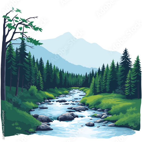 a river in the mountains with trees and rocks