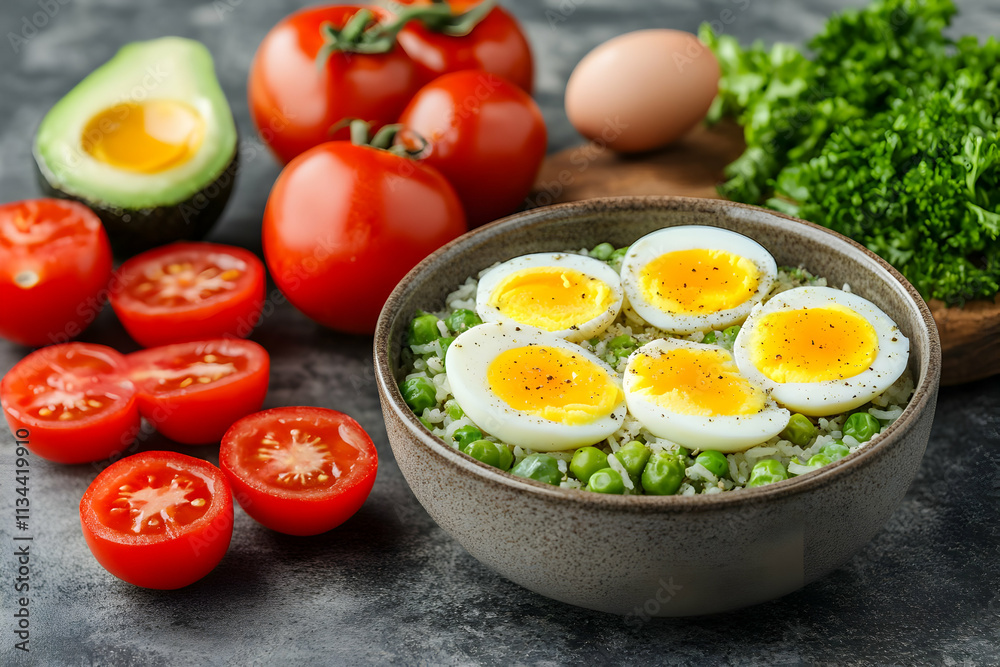 Bowl of rice, peas, and sliced hard-boiled eggs, with tomatoes, avocado, and parsley. Bowl of rice, peas, and sliced hard-boiled eggs, with tomatoes, avocado, and parsley.