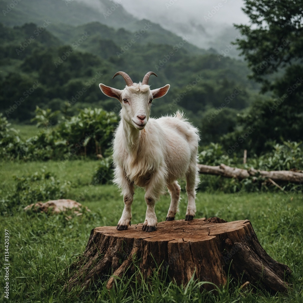 Fototapeta premium A playful goat standing on a tree stump in the middle of a lush green pasture.