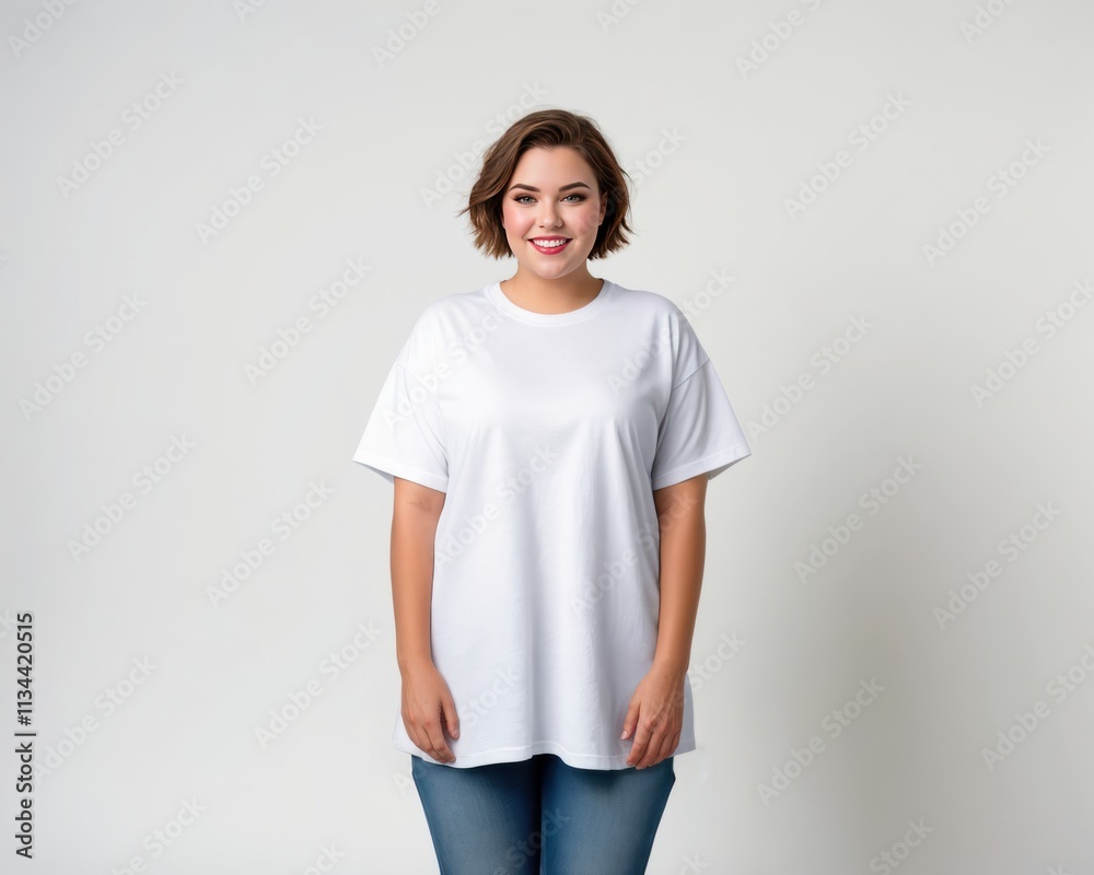 Plus size young woman with short hair wearing white oversized t-shirt and jeans isolated on grey background Plus size young woman with short hair wearing white oversized t-shirt and jeans isolated on grey background