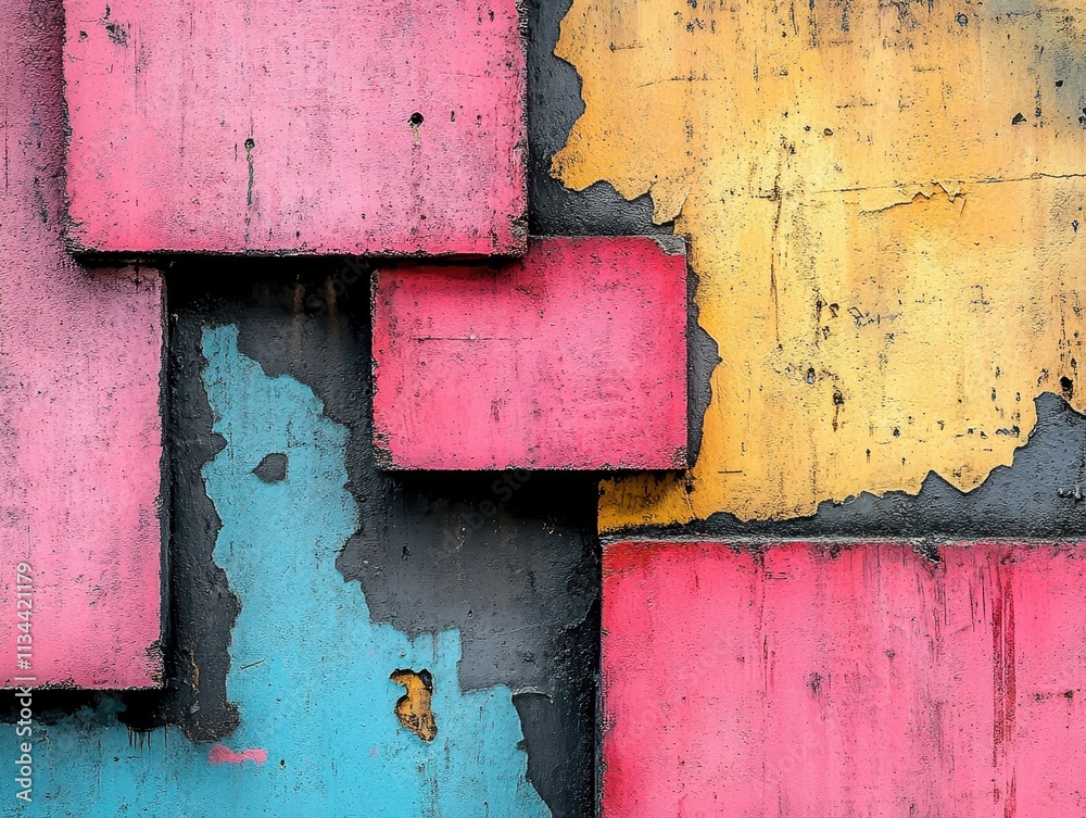 Colorful geometric abstract art on concrete wall with bold shapes Colorful geometric abstract art on concrete wall with bold shapes