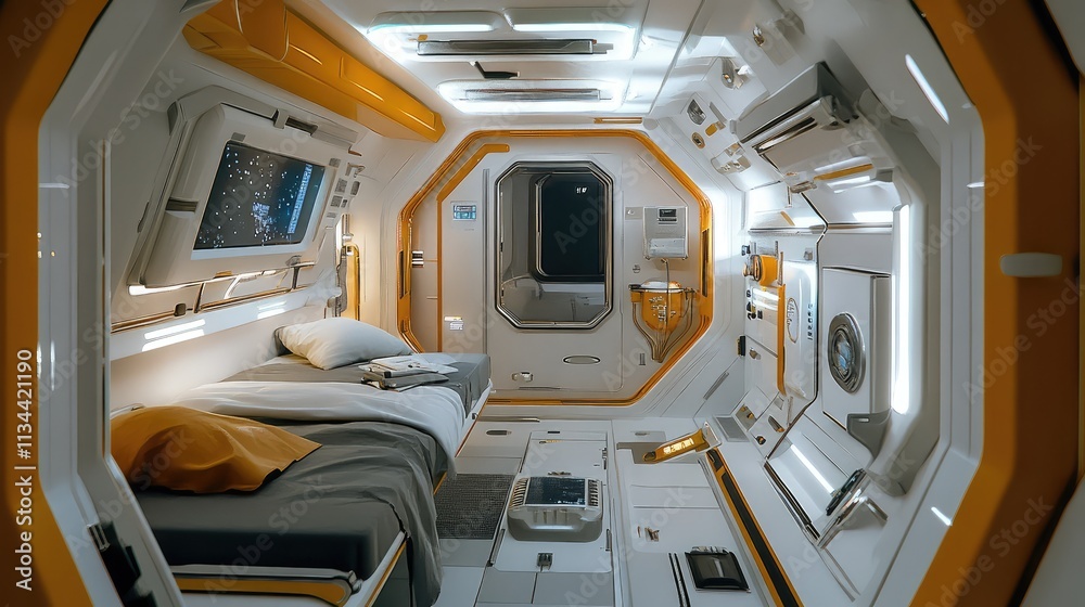 A space station living pod, with a compact kitchen, workspace, and sleeping area designed for long-term space travel and exploration A space station living pod, with a compact kitchen, workspace, and sleeping area designed for long-term space travel and exploration