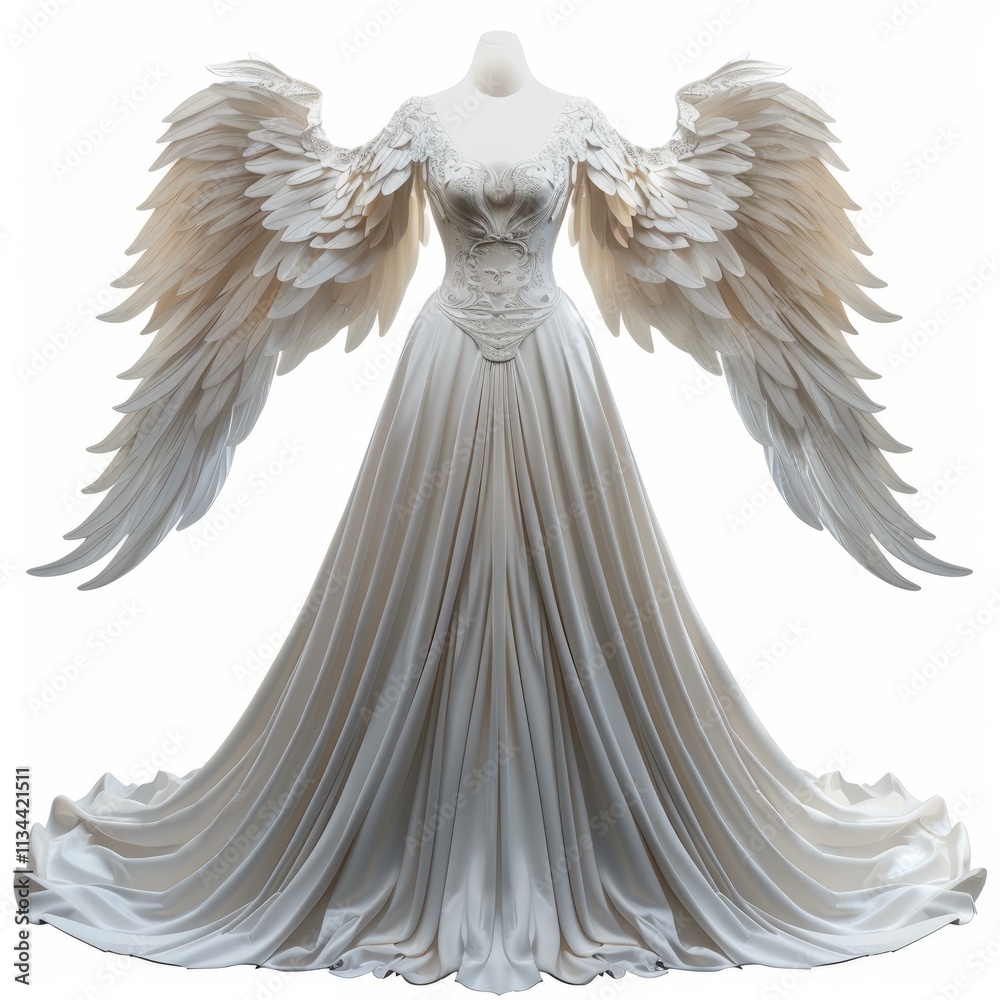 Fototapeta premium Elegant white gown with large feathered wings displayed on a mannequin, creating a celestial and ethereal image
