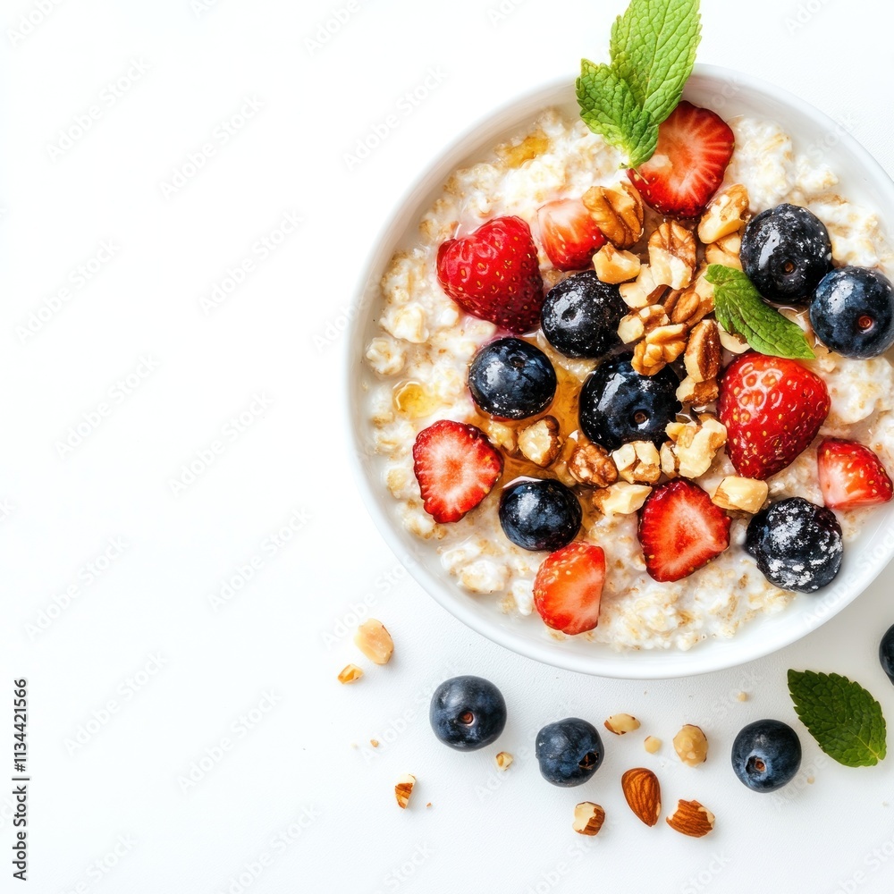 A bowl of oatmeal topped with strawberries, blueberries, nuts, and mint leaves. A bowl of oatmeal topped with strawberries, blueberries, nuts, and mint leaves.