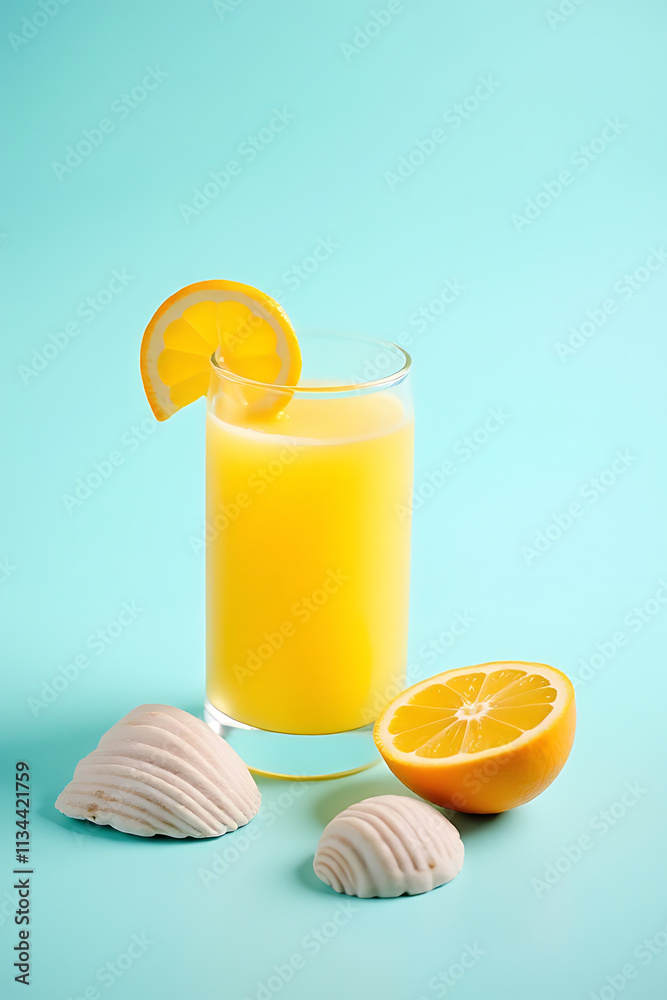 A refreshing summer concept features orange juice and a set of shells placed on a serene blue colored background._00001_ A refreshing summer concept features orange juice and a set of shells placed on a serene blue colored background._00001_