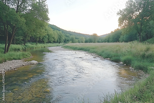 Calm river flowing through lush green valley at sunset.