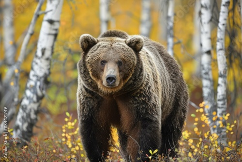 Close-up of a large brown bear in the woods photo