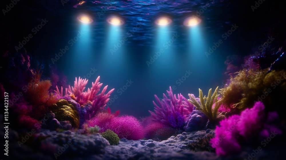 Fototapeta premium Underwater Scene with Illuminated Coral Reef