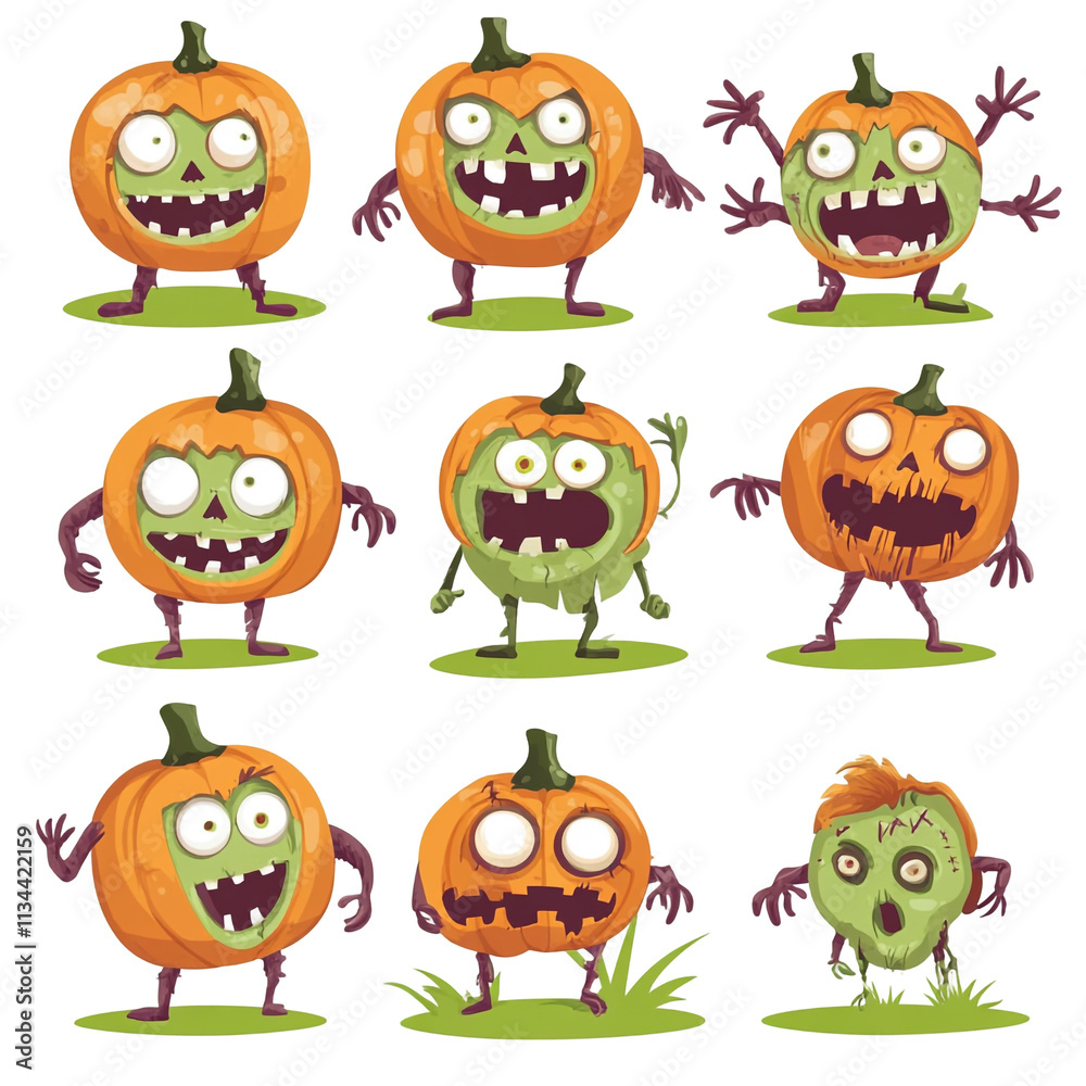 Obraz premium Nine Spooky Zombie Pumpkins Halloween Cartoon Characters
