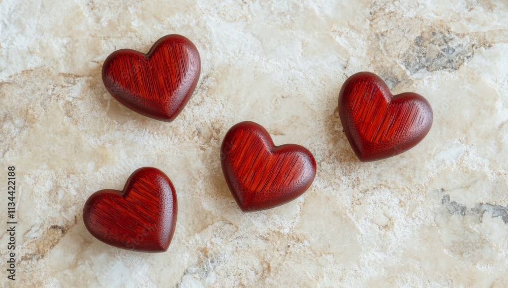 Obraz premium red wooden hearts on beige stone background, concept for Valentine's Day celebration 