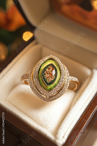 A decorative gold ring with a colorful stone, presented in a velvet-lined jewelry box.