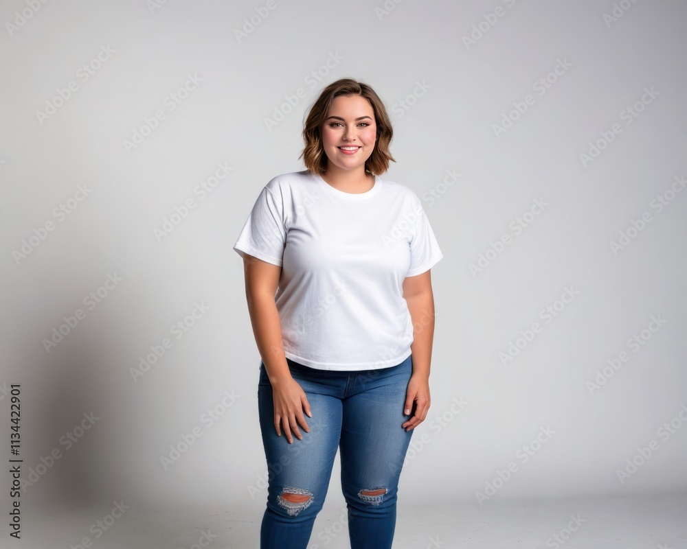 Plus size young woman with short hair wearing white oversized t-shirt and jeans isolated on grey background Plus size young woman with short hair wearing white oversized t-shirt and jeans isolated on grey background