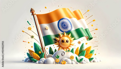 3D Vector of a traditional Indian flag (dhwaja) with sun symbol isolated on white background. concept as A crisp vector illustration of a traditional flag featuring a sun symbol representing auspiciou photo