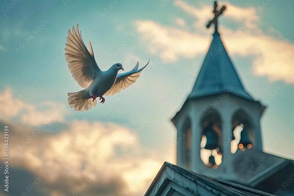Fototapeta premium A peaceful dove flying over a church steeple with bells ringing