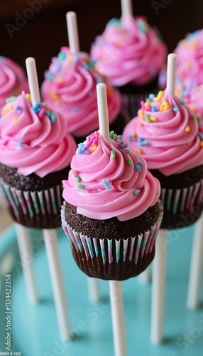 Colorful cupcakes with pink frosting and sprinkles on sticks for a festive treat.