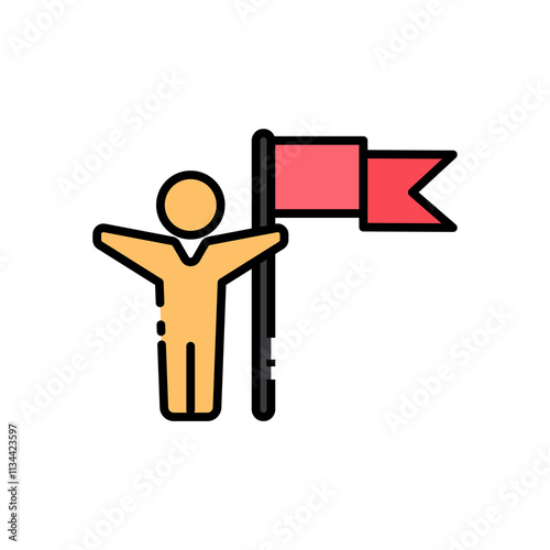 Person with flag icon,People happily displaying achievement flag, flag pin location, suitable for pin location design, motivation and success themed content creation.Isolated white background editable