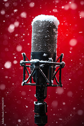 Festive Close-Up of Microphones Covered in Snowflakes Against a Vibrant Red Background with Bokeh, Perfect for Holiday and Seasonal Music Themes photo