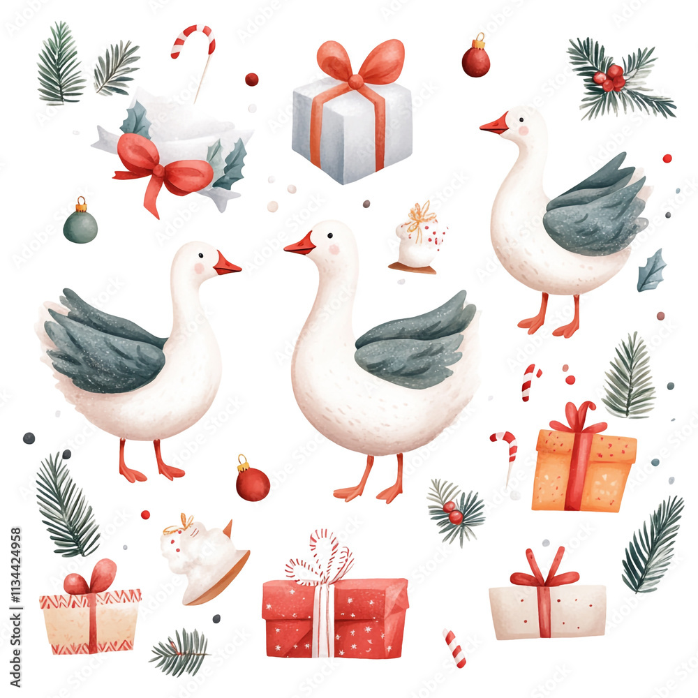 Obraz premium Christmas Geese and Festive Gifts Watercolor Illustration