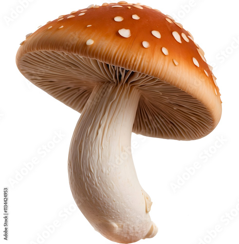 Red mushroom with white spots, realistic fungus illustration, isolated PNG, transparent background.
