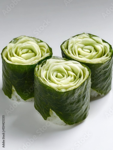 Three sushi rolls designed to resemble blooming roses, showcasing artistic food presentation.