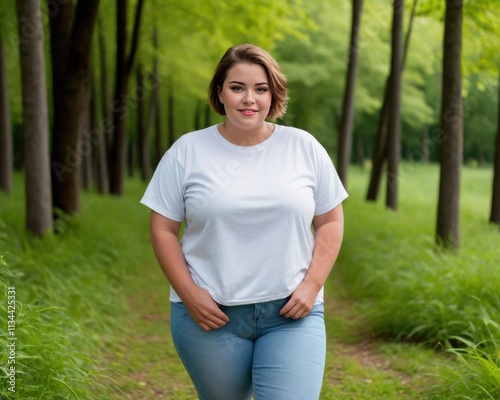 Plus size young woman with short hair wearing white oversized t-shirt and jeans standing in nature