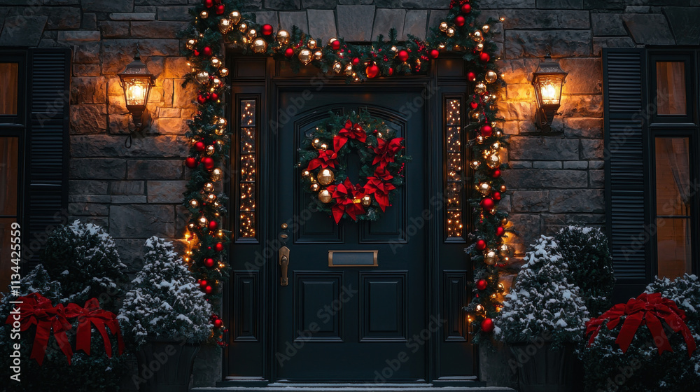 festive door adorned with garlands, lights, and red wreath festive door adorned with garlands, lights, and red wreath