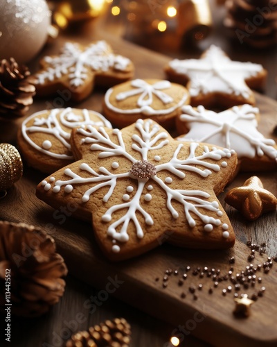 Decoratively iced gingerbread cookies in festive shapes on a wooden surface.