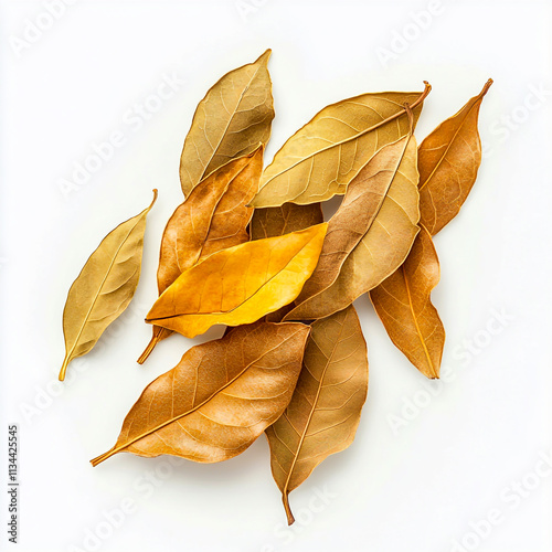 pile of dried bay leaves isolated on white background. photo