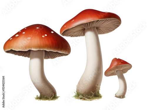 Red mushroom with white spots, realistic fungus illustration, isolated PNG, transparent background.