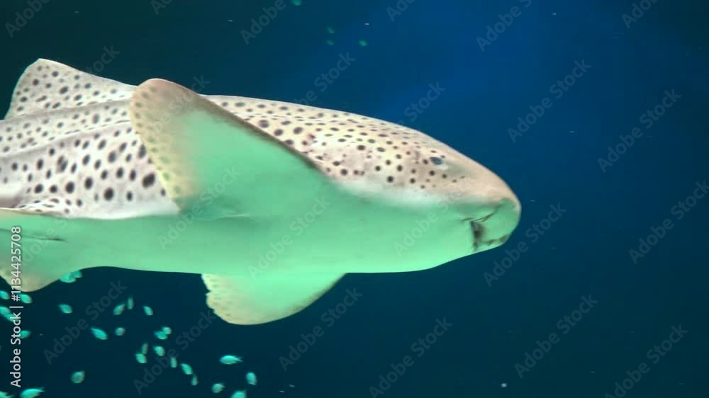 The Zebra Shark and many tropical fish swimming underwater. Close up shot of Stegostoma Fasciatum. 4K The Zebra Shark and many tropical fish swimming underwater. Close up shot of Stegostoma Fasciatum. 4K