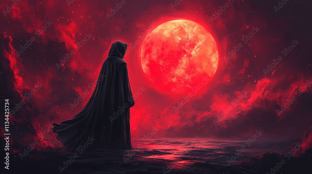 Mysterious figure in dark cloak gazing at a blood-red moon against a surreal landscape filled with swirling clouds and dramatic lighting effects, invoking a sense of intrigue and wonder.