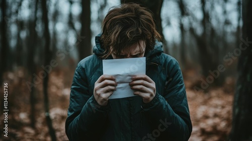 Person in woods, holding paper, appearing upset.