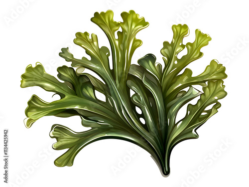 Laminaria or kelp seaweed isolated PNG, transparent background, spirulina seaweed plant close up studio shot. Tasty seaweed leaves illustration.