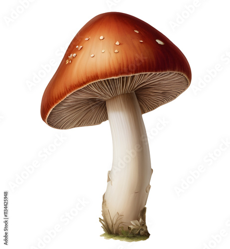 Red mushroom with white spots, realistic fungus illustration, isolated PNG, transparent background.