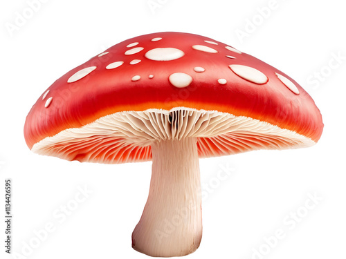 Red mushroom with white spots, realistic fungus illustration, isolated PNG, transparent background.