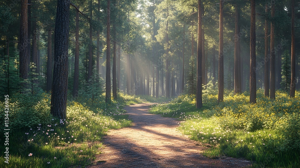 The photo shows a beautiful forest with a path in the middle. The sun is shining through the trees. The photo shows a beautiful forest with a path in the middle. The sun is shining through the trees.