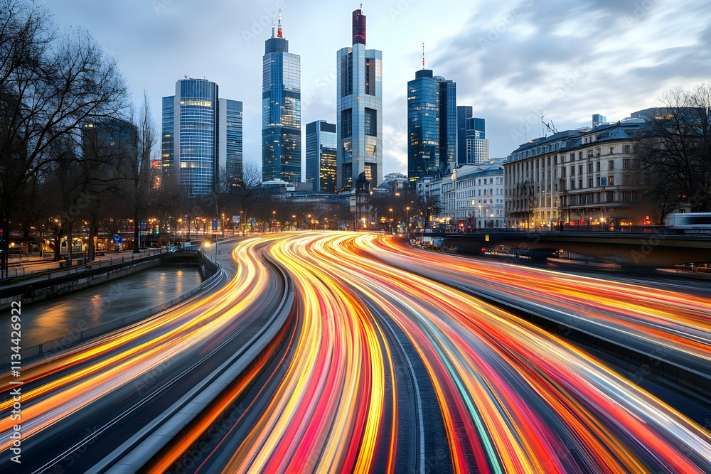 Fototapeta premium Cityscape at dusk with light trails on highway.