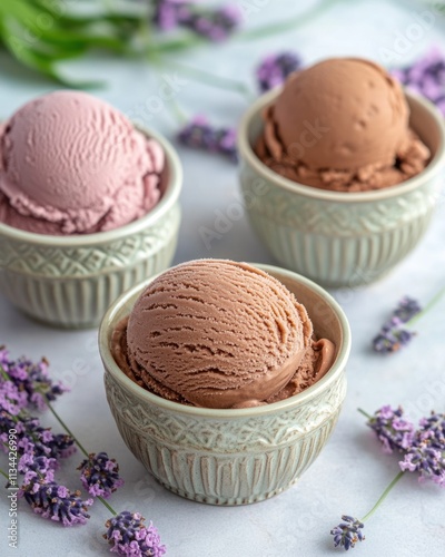 Three bowls of ice cream in pink and brown flavors, surrounded by lavender flowers.