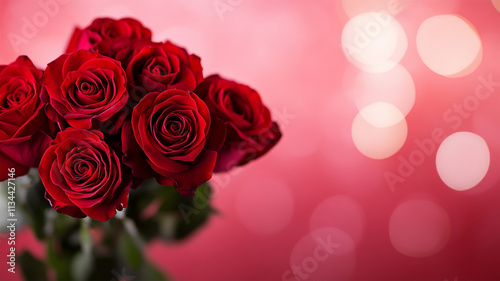 Roses Bouquet and Hearts background. Valentine or Wedding background. Romantic red rose bouquet for Valentine's Day. Bokeh pink lights background