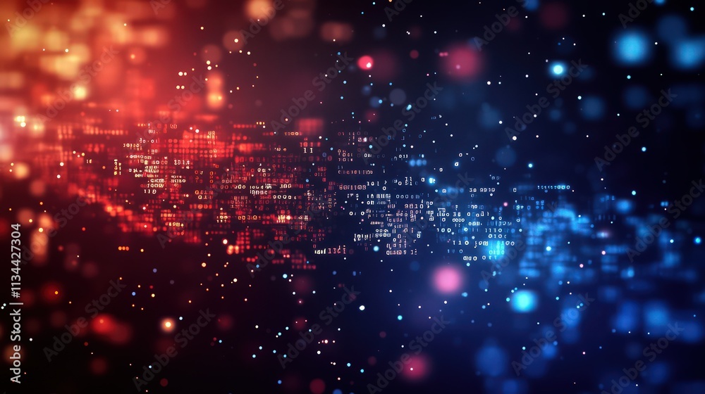 Obraz premium A blurred technological background with a complex network of program code and mathematical symbols floating in space. 
