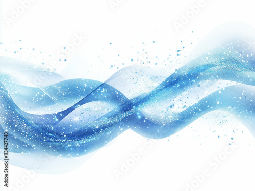 Abstract blue waves with glitter effects on a white background, featuring flowing lines and a clean modern aesthetic.