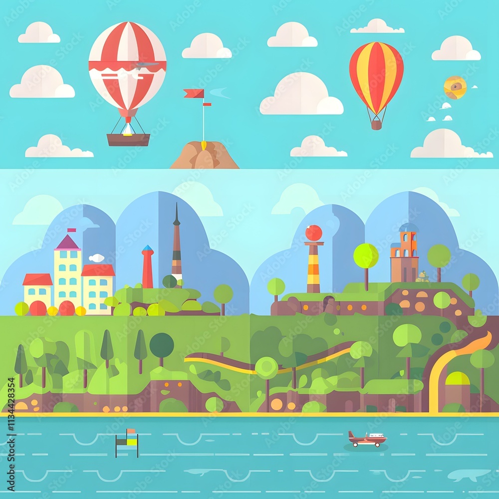 Naklejka premium Flat Design Illustration Of A Fantasy World With Hot Air Balloons And A Small Plane