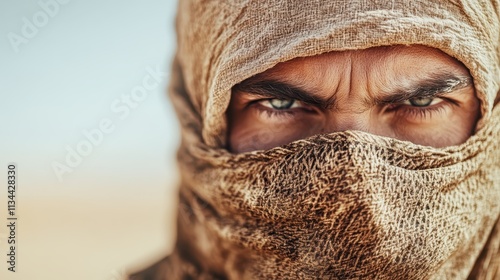 A fierce-looking man wearing a beige headscarf with intense eyes staring directly at the viewer, reflecting strength and resilience amidst the harsh desert environment. photo