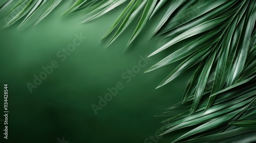 An intricate closeup view of overlapping elongated green leaves, creating a visually pleasing pattern, set against a blurred green backdrop. photo